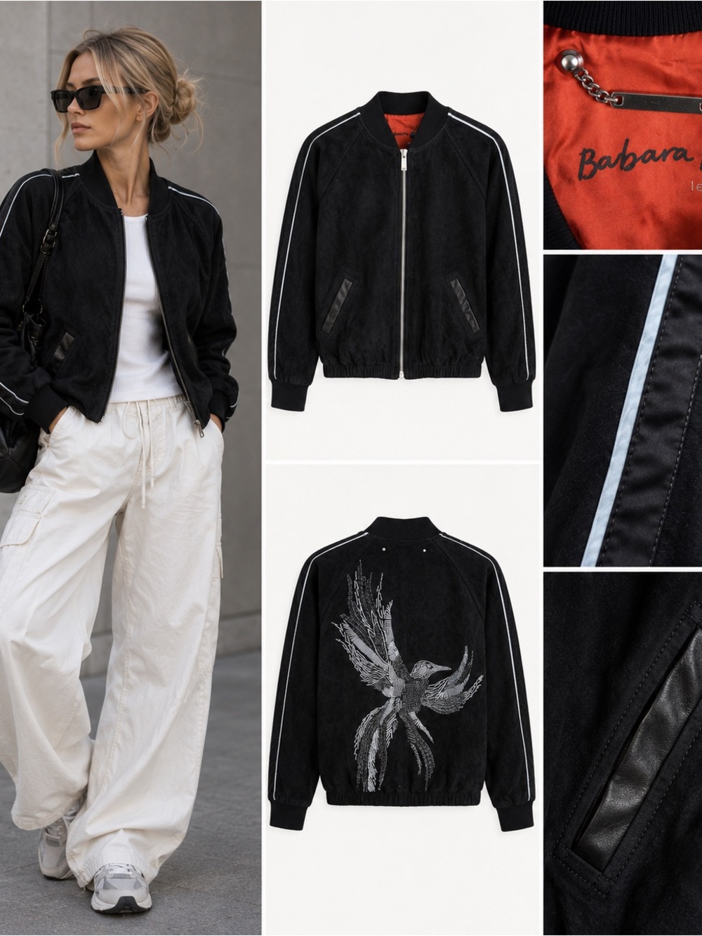 Barbara Bui Black Suede Leather Bomber Jacket Embroidered Bird